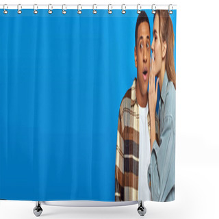 Personality  Young Woman Whispering In Ear Of Amazed African American On Blue Background, Sharing Secrets, Banner Shower Curtains