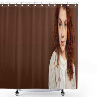 Personality  Portrait Of Redhead Woman With Curly Hair Looking At Camera On Brown Background, Autumn Banner Shower Curtains