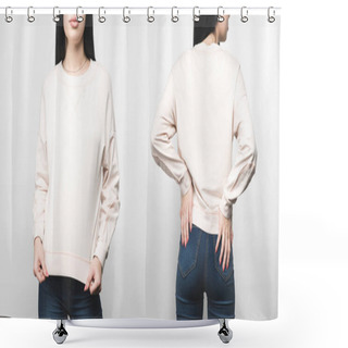 Personality  Front And Back View Of Young Woman In Blank Sweatshirt Isolated On White Shower Curtains
