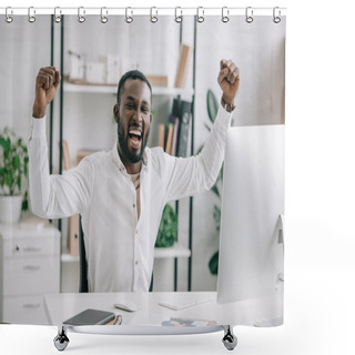 Personality  Excited African American Businessman Screaming And Showing Yes Gesture In Office. Man Celebrate Win A Bet With A Gambling, Soccer Bet, Sports Gambling Shower Curtains