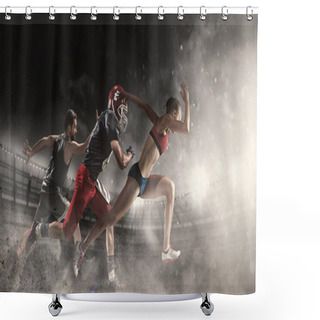 Personality  Multi Sports Collage About Basketball, American Football Players And Fit Running Woman Shower Curtains
