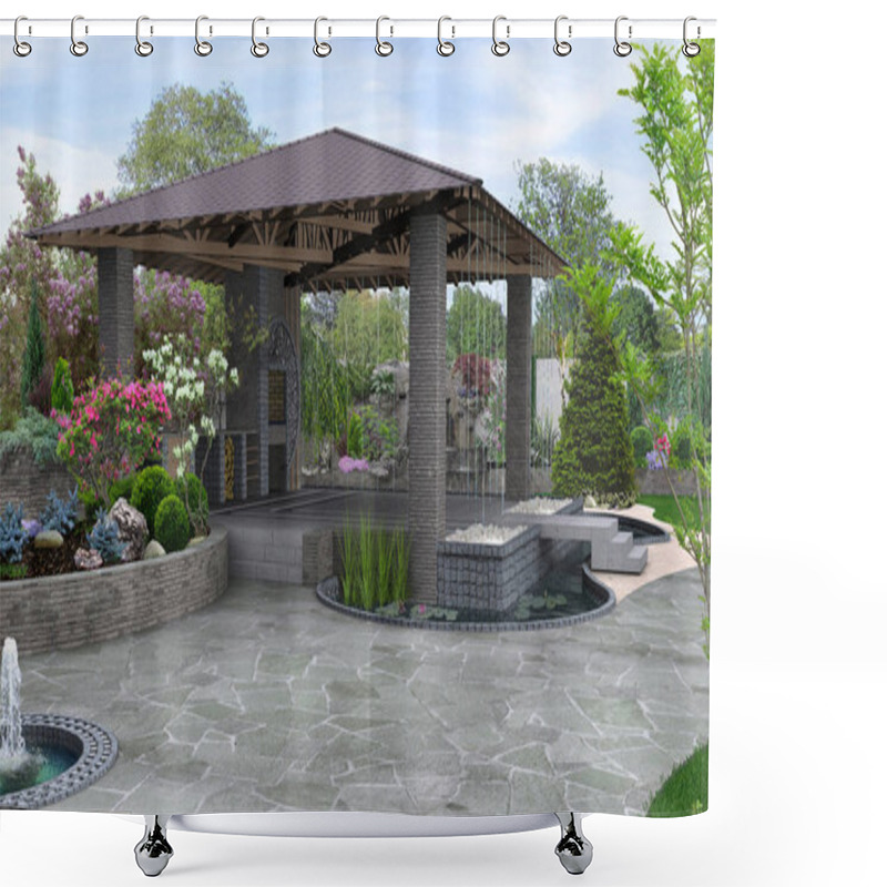 Personality  Beautiful Backyard Makeovers And Patio Water Fountain Features, 3D Render Shower Curtains
