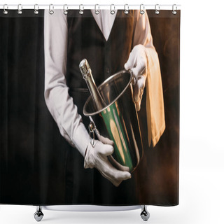 Personality  Cropped Image Of Waiter Holding Bottle Of Alcohol Champagne In Bucket On Black Shower Curtains