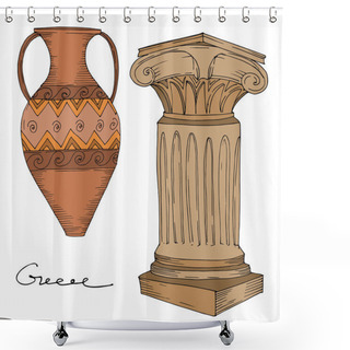 Personality  Vector Antique Greek Amphoras And Columns. Black And White Engraved Ink Art. Isolated Ancient Illustration Element. Shower Curtains
