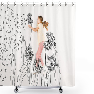 Personality  Top View Of Kid Blowing Dandelion Seeds While Flying On White  Shower Curtains
