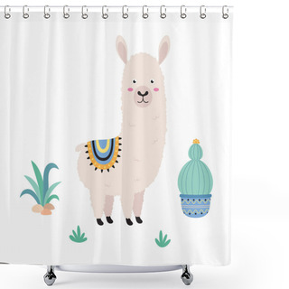 Personality  Cute Cartoon Llama In Scandinavian Style, Childish Print For Nursery, Kids Apparel, Poster, Postcard, Flat Vector Illustration Shower Curtains
