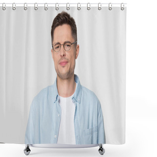 Personality  Headshot Portrait Dissatisfied Frowning Guy Posing Over Studio Background Shower Curtains