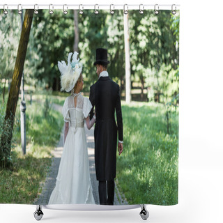 Personality  Victorian Man And Woman In Hats Walking Outside Near Green Trees  Shower Curtains
