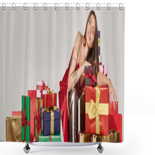 Personality  Beautiful Young Woman Posing Near Pile Of Presents Looking At Camera, Holiday Gifts Concept, Banner Shower Curtains
