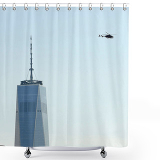 Personality  New York, USA - June 9, 2018: One World Trade Center And Helicopter In The Sky Of New York Shower Curtains