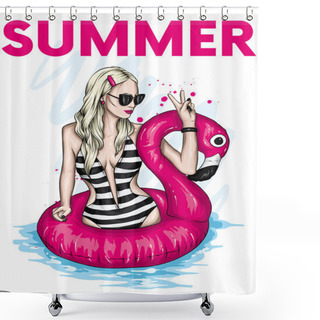 Personality  A Beautiful Girl In A Swimsuit With A Swimming Circle Looking Like A Flamingo. Sea, Vacation, Vacation. Vector Illustration, Sketch. Fashion & Style. Shower Curtains