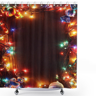 Personality  Christmas Garlands Of Lamps On A Wooden Background.  Shower Curtains