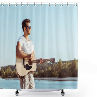 Personality  Young Man Playing Guitar On Riverside Shower Curtains