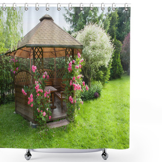 Personality  Outdoor Wooden Gazebo With Roses And Summer Landscape Background Shower Curtains