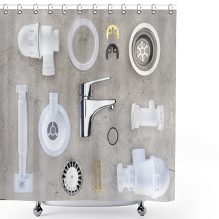 Personality  Top View Of Water Mixer Surrounded With Various Plumbing Pieces On Concrete Surface Shower Curtains