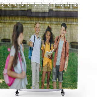 Personality  Selective Focus Of Multicultural Schoolkids Waving Hands To Schoolgirl  Shower Curtains