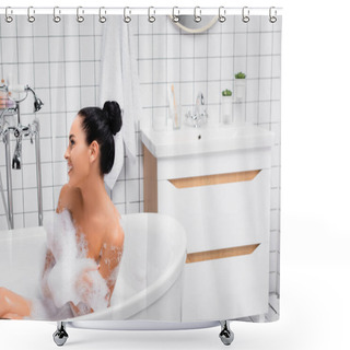 Personality  Brunette Woman Smiling Away While Sitting In Bathtub With Foam  Shower Curtains