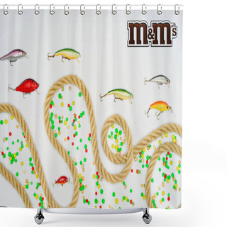 Personality  Top View Of Fishing Bait, Colorful Candies, Nautical Rope And Sign M&m's Isolated On White Shower Curtains