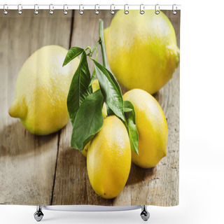 Personality  Fresh Juicy Lemons With Leaves On The Old Wooden Table  Shower Curtains