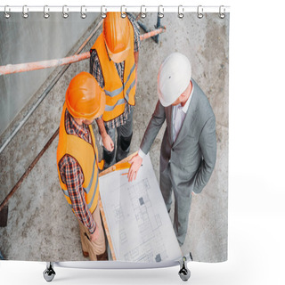 Personality  High Angle View Of Builders And Architect Discussing Blueprint At Construction Site Shower Curtains