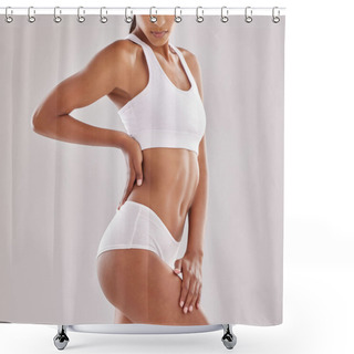 Personality  Body, Wellness And Woman In Underwear In Studio For Diet, Positivity And Self Love On Grey Background. Detox, Beauty And Female Model With Slim, Stomach Or Bodycare In Lingerie Posing With Confidence. Shower Curtains