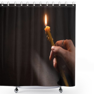 Personality  Cropped View Of Woman Holding Burning Church Candle In Dark Shower Curtains