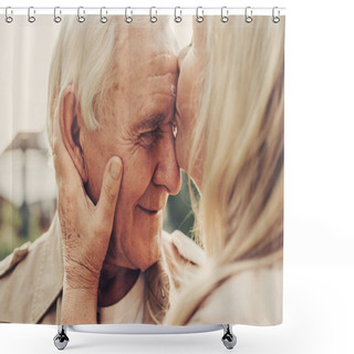 Personality  Focus On Wrinkled Male Face Kissed By Lady Shower Curtains