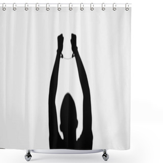 Personality  Silhouette Of Criminal Man With Handcuffs On Raised Hands Isolated On White Shower Curtains