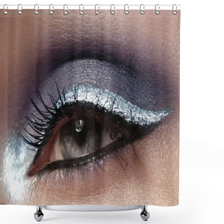 Personality  Beautiful Macro Shot Of Female Eye With Ceremonial Makeup. Perfect Shape Of Eyebrows, Eyeliner And Silver Line On Eyelid Shower Curtains