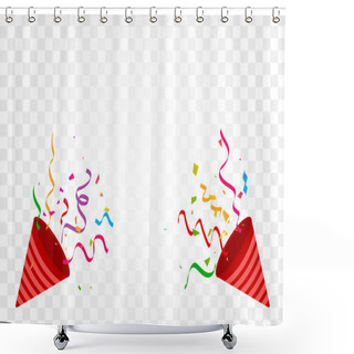 Personality  Exploding Party Popper With Colorful Confetti And Ribbon Isolated On White Background. Happy Birthday And New Year. Vector  Shower Curtains
