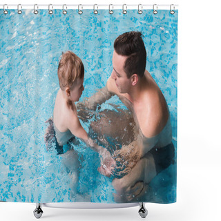 Personality  Overhead View Of Happy Swim Trainer Teaching Toddler Kid In Swimming Pool  Shower Curtains
