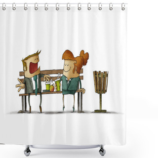 Personality  Couple Of Businesspeople Having Lunch On Bench Shower Curtains
