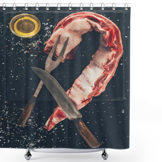 Personality  Top View Of Raw Pork Ribs Slice With Cutlery And Oil On Stone Slate Shower Curtains