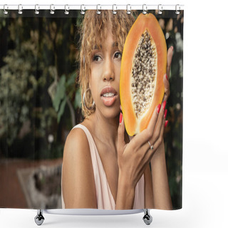 Personality  Confident Young African American Woman With Braces And Summer Outfit Holding Fresh And Ripe Papaya And Looking Away In Blurred Greenhouse, Stylish Lady Blending Fashion And Nature, Summer Concept Shower Curtains