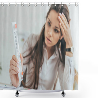 Personality  Selective Focus Of Businesswoman In Hot Office Looking At Thermometer Shower Curtains