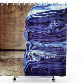 Personality  Denim Background, Some Jeans Trousers On The Table Shower Curtains