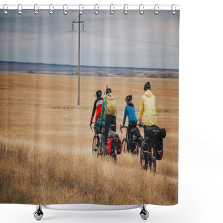 Personality  Back View Of Sportsmen Riding Bicycles Among Wheat Field  Shower Curtains