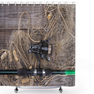 Personality  Top View Of Fishing Rod And Fishing Net On Wooden Planks  Shower Curtains
