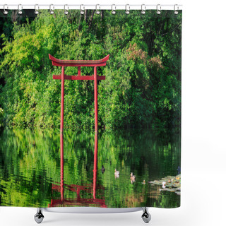 Personality  Red Japanese Torii - Gate Reflected In The Water Of A Lake Shower Curtains