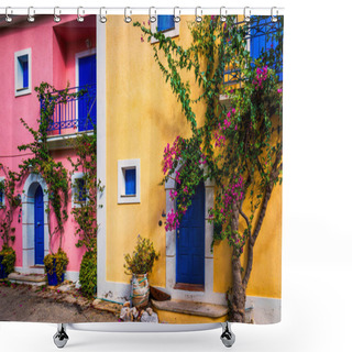Personality  Traditional Street With Greek Houses With Flowers In Assos, Kefalonia Island. Traditional Colorful Greek Houses In Assos Village. Blooming Fuchsia Plant Flowers. Kefalonia Island, Greece Shower Curtains