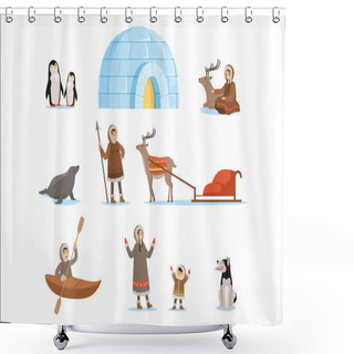 Personality  Eskimo Characters In Traditional Clothing And Their Arctic Animals. Life In The Far North. Set Of Colorful Cartoon Detailed Vector Illustrations Shower Curtains