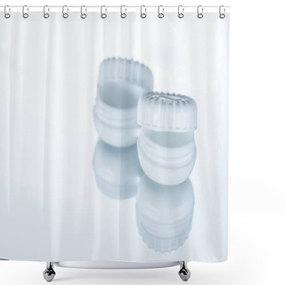 Personality  Close Up View Of Empty Container For Contact Lenses On White Backdrop With Reflection Shower Curtains