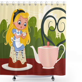 Personality  Alice In The Tea Party. Vector Illustration. Shower Curtains