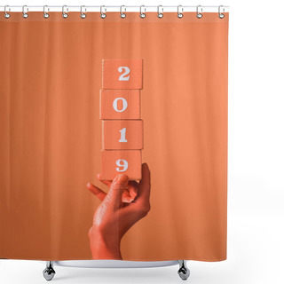 Personality  Partial View Of Woman Holding Coral Wooden Cubes With 2019 Numbers On Coral Background, Color Of 2019 Concept Shower Curtains