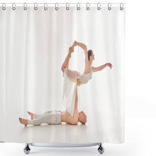 Personality  A Shirtless Young Man And A Woman In A White Dress Showcase Their Acrobatic Dance Moves In Perfect Sync Against A White Background. Shower Curtains