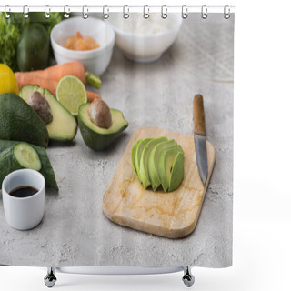 Personality  Cut Avocado On Cutting Board With Knife Among Raw Ingredients  Shower Curtains