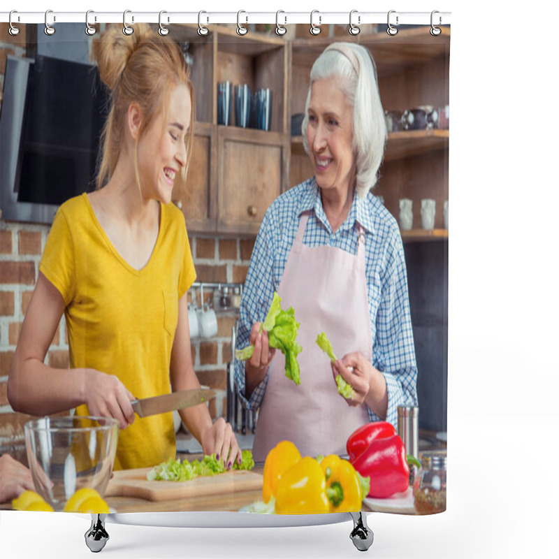 Personality  Granddaughter and grandmother cooking together shower curtains