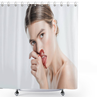 Personality  Naked Woman With Injury On Face Licking Blood From Hand Isolated On White Shower Curtains