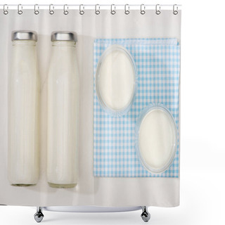 Personality  Top View Of Bottles And Glasses Of Homemade Yogurt On Plaid Cloth On White Background Shower Curtains