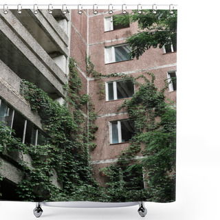 Personality  Low Angle View Of Abandoned Building With Overgrown Green Leaves In Chernobyl  Shower Curtains